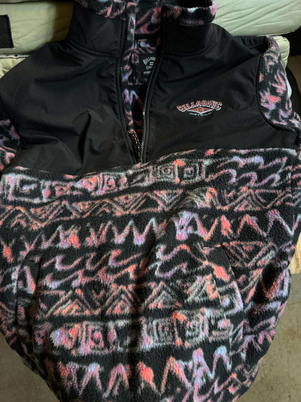 Billabong Black Fuzzy Jacket with Pink & Lavender Print